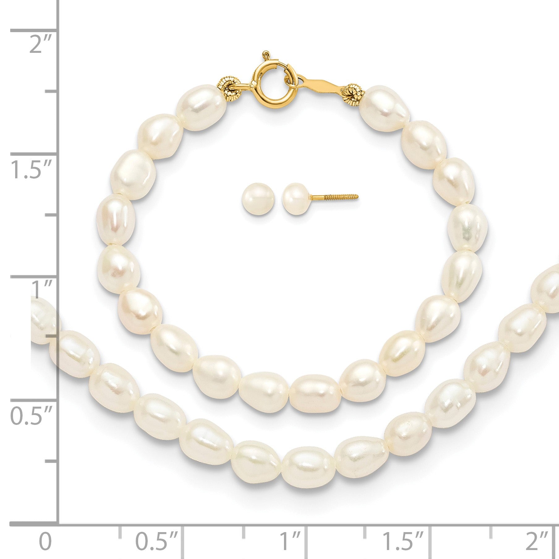 14k 3-5mm Semi-Round White Freshwater Cultured Pearl 12 inch Necklace / 4 inch Bracelet / Post Earrings 3-piece Set