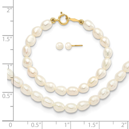 14k 3-5mm Semi-Round White Freshwater Cultured Pearl 12 inch Necklace / 4 inch Bracelet / Post Earrings 3-piece Set
