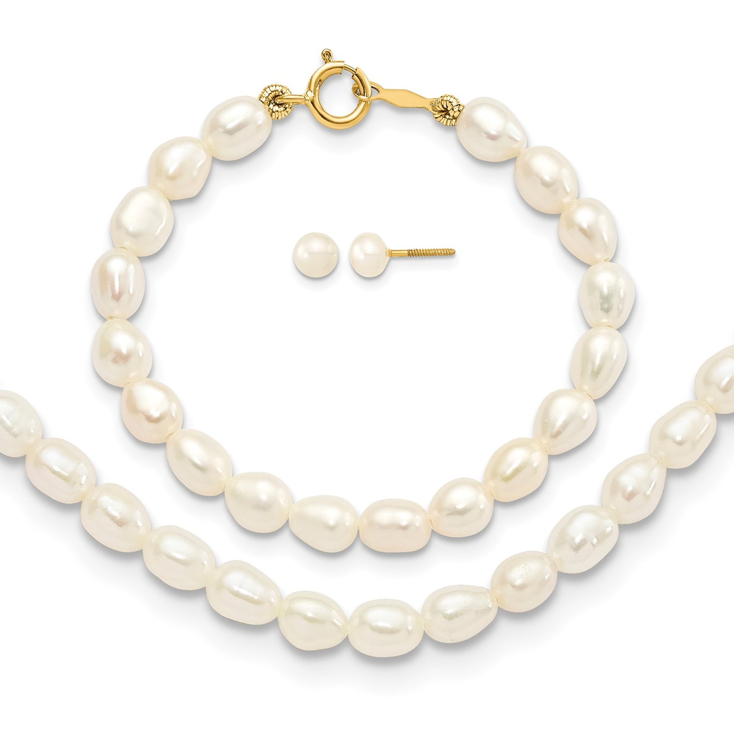 14k 3-5mm Semi-Round White Freshwater Cultured Pearl 12 inch Necklace / 4 inch Bracelet / Post Earrings 3-piece Set