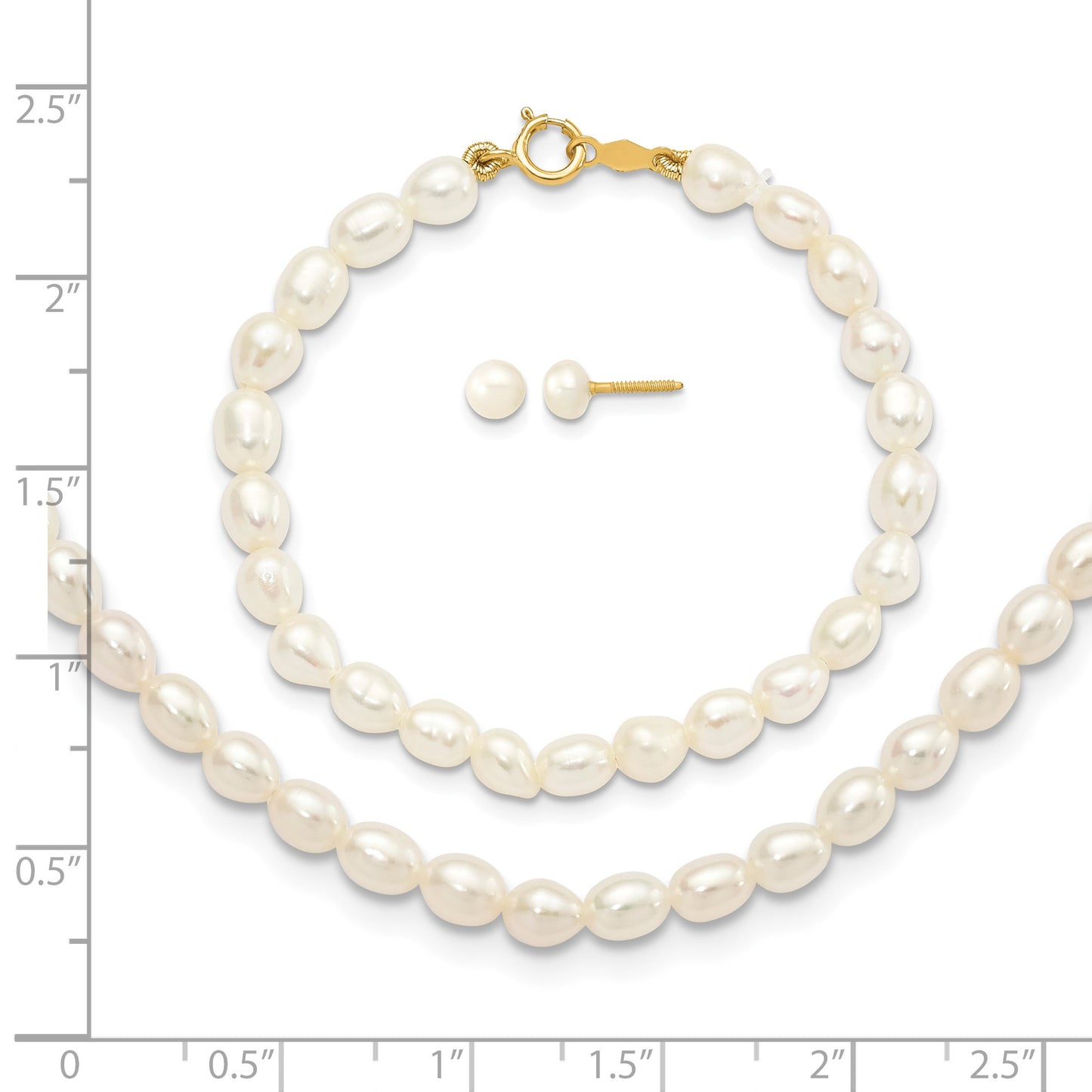 14k 3-5mm White Freshwater Cultured Pearl 14 inch Necklace /5 inch Bracelet / Post Earrings 3-piece Set