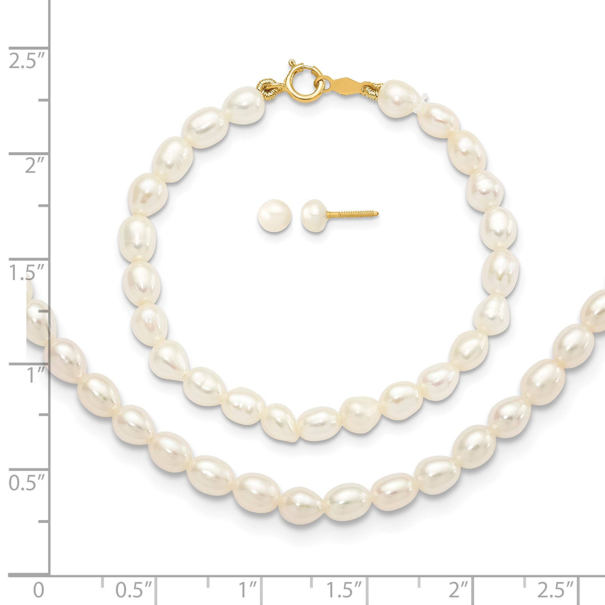 14k 3-5mm White Freshwater Cultured Pearl 14 inch Necklace /5 inch Bracelet / Post Earrings 3-piece Set