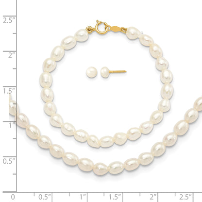 14k 3-5mm White Freshwater Cultured Pearl 14 inch Necklace /5 inch Bracelet / Post Earrings 3-piece Set