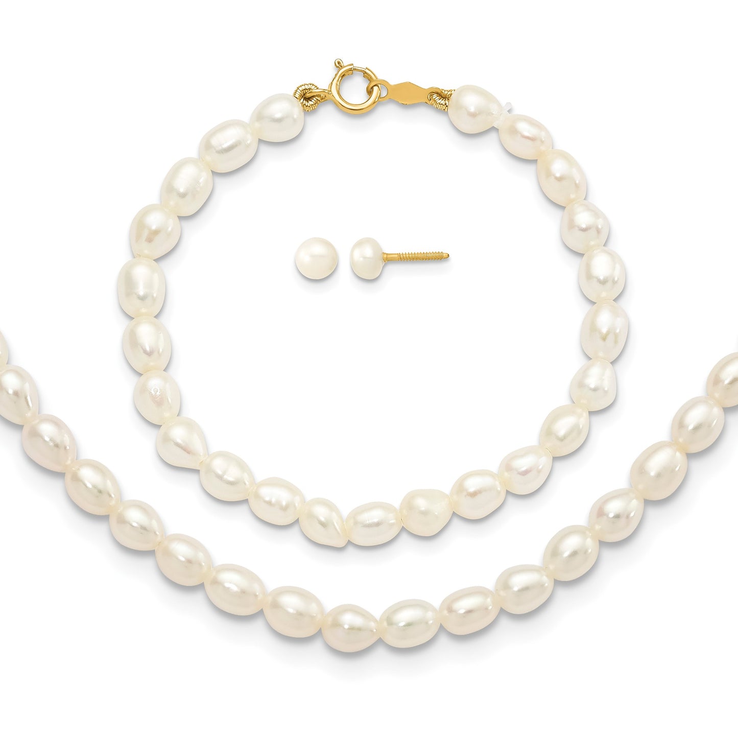 14k 3-5mm White Freshwater Cultured Pearl 14 inch Necklace /5 inch Bracelet / Post Earrings 3-piece Set