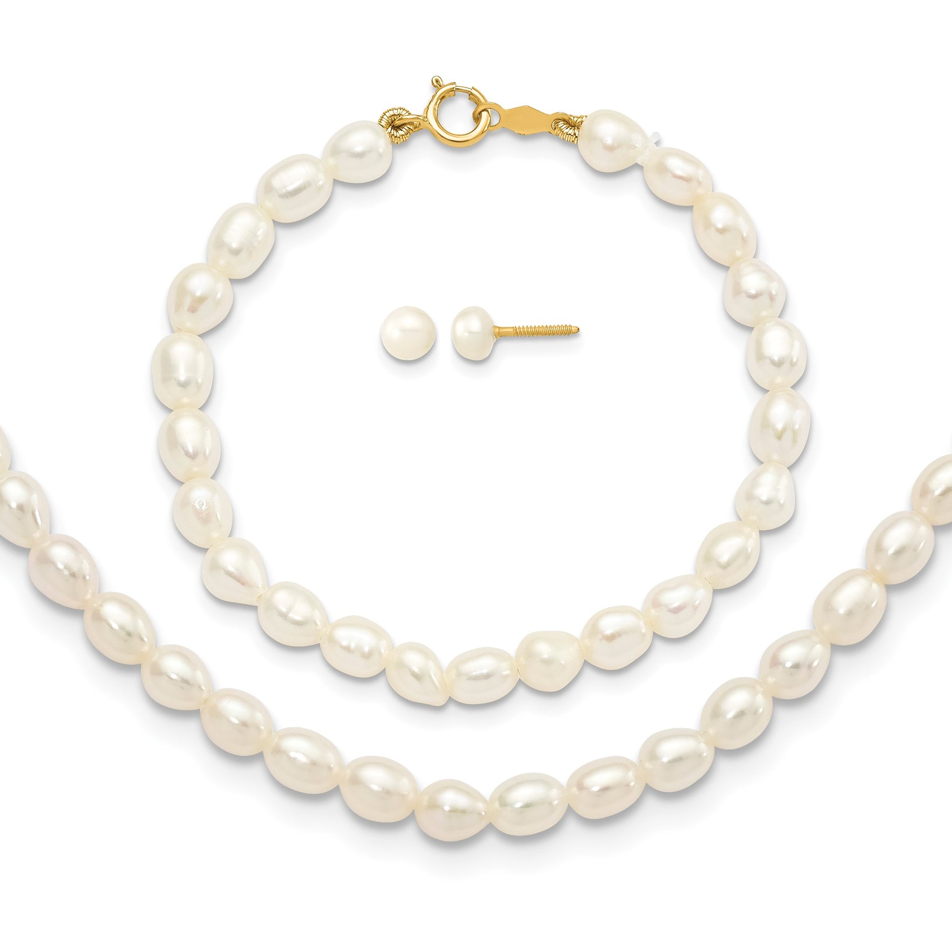 14k 3-5mm White Freshwater Cultured Pearl 14 inch Necklace /5 inch Bracelet / Post Earrings 3-piece Set