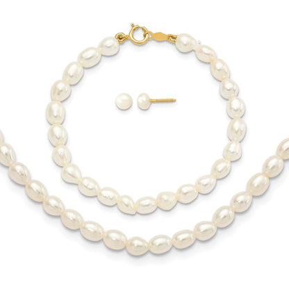 14k 3-5mm White Freshwater Cultured Pearl 14 inch Necklace /5 inch Bracelet / Post Earrings 3-piece Set