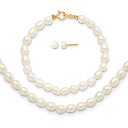 14k 3-5mm White Freshwater Cultured Pearl 14 inch Necklace /5 inch Bracelet / Post Earrings 3-piece Set