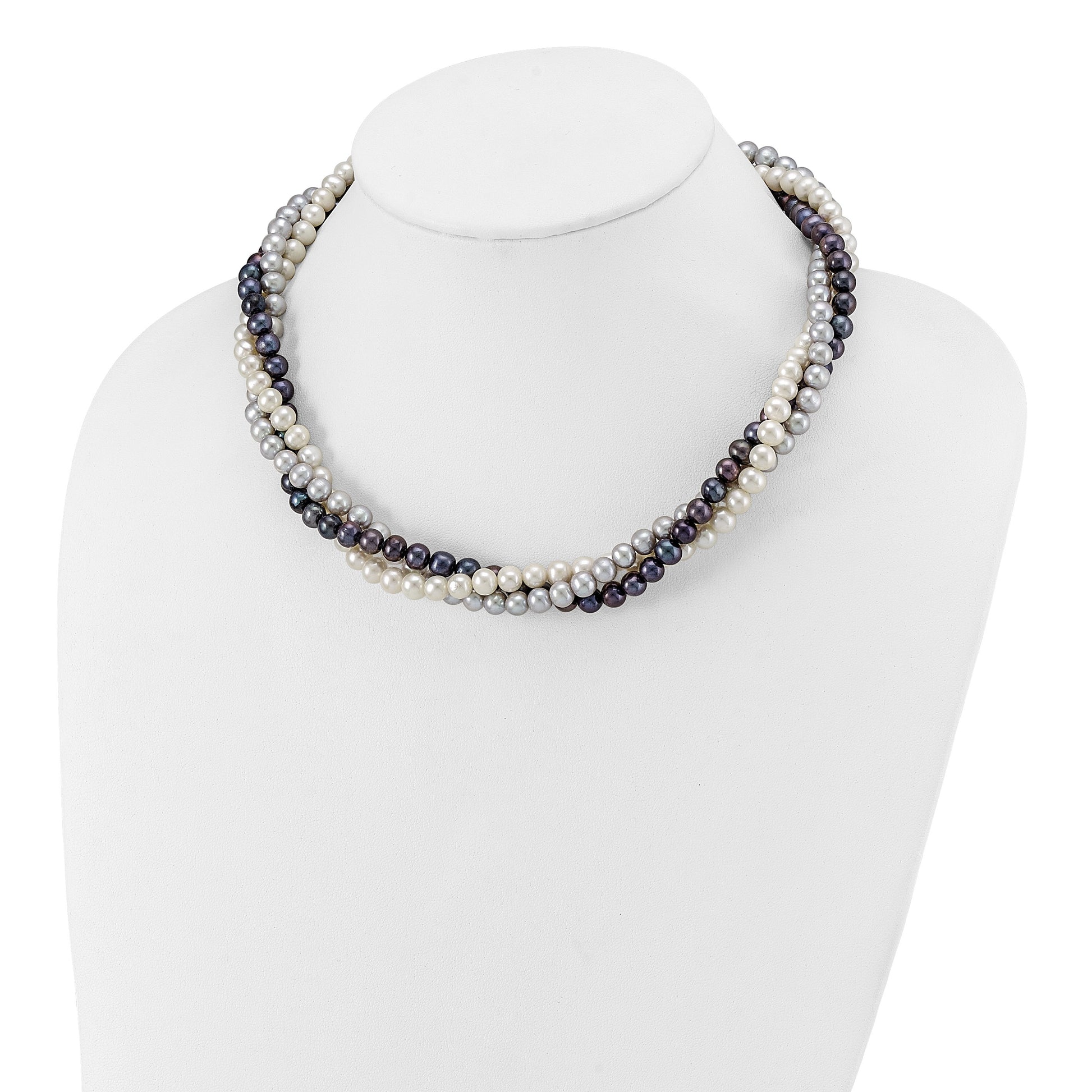 14k 6-7mm White/Gray/Black Near-Round Freshwater Cultured Pearl 3-Strand 18 inch Necklace