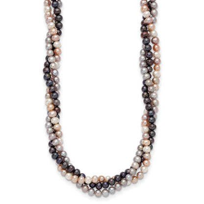 14k White Gold 6-7mm Pink/Gray/Black Near-Round Freshwater Cultured Pearl 3-Strand 18 inch Necklace