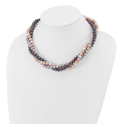 14k White Gold 6-7mm Pink/Gray/Black Near-Round Freshwater Cultured Pearl 3-Strand 18 inch Necklace