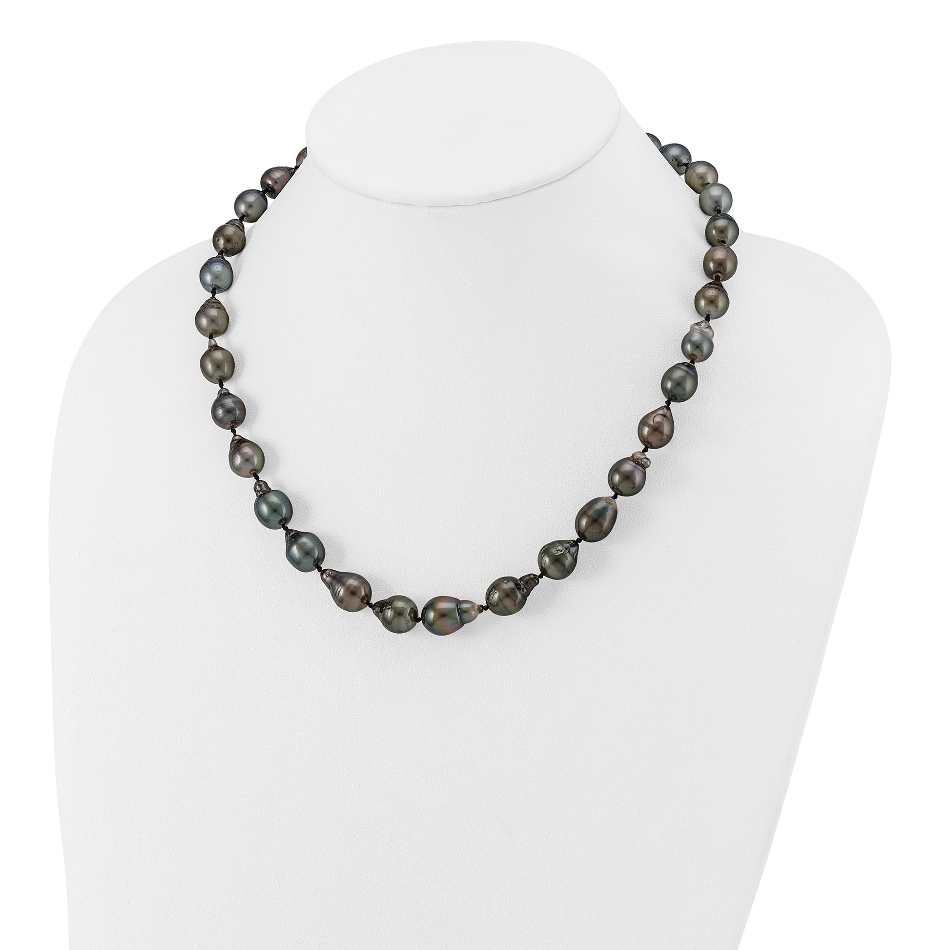 14k White Gold 8-11mm Black Baroque Tahitian Saltwater Cultured Pearl Graduated 18 inch Necklace