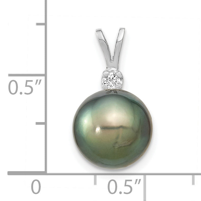 14k White Gold 10-11mm Round Black Tahitian Saltwater Cultured Pearl and  .05 Carat Diamond Pendant