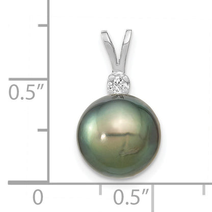 14k White Gold 10-11mm Round Black Tahitian Saltwater Cultured Pearl and  .05 Carat Diamond Pendant