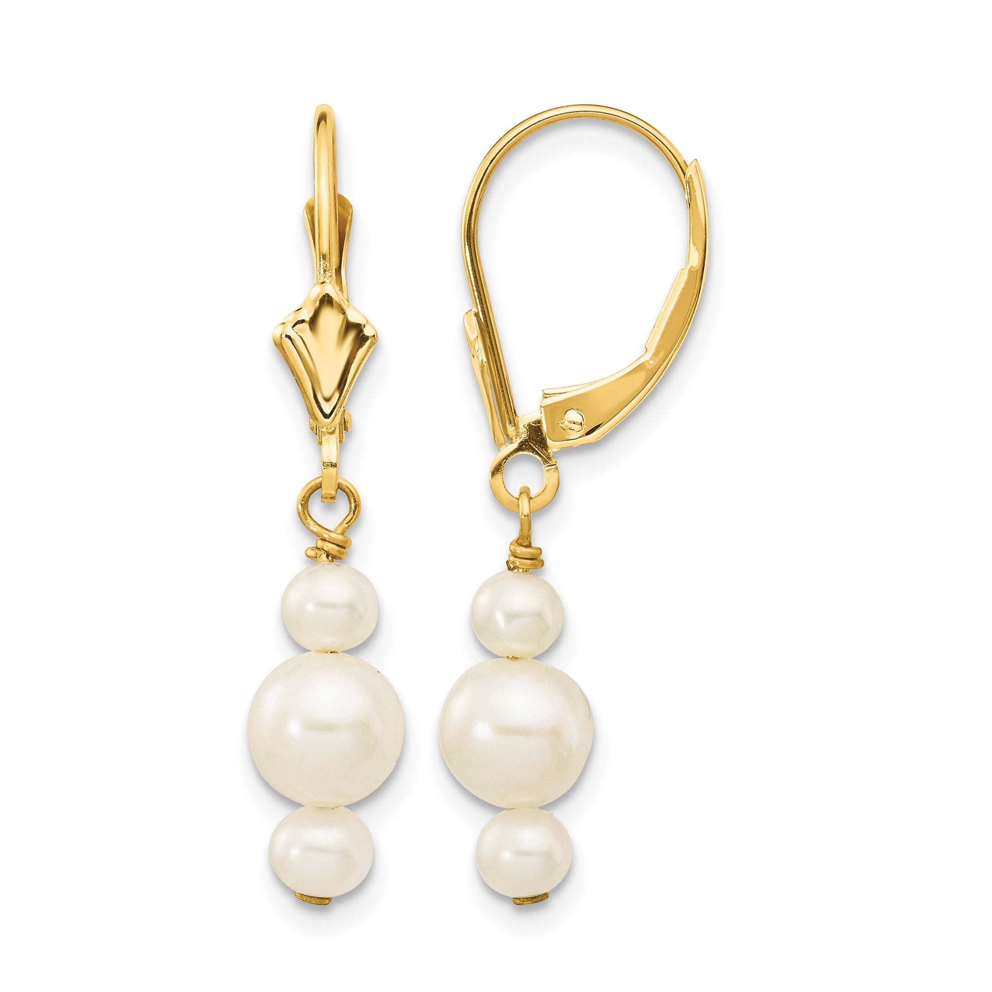 14k 3-3.5mm and 5-5.5mm White Semi-Round Freshwater Cultured Pearl Dangle Leverback Earrings