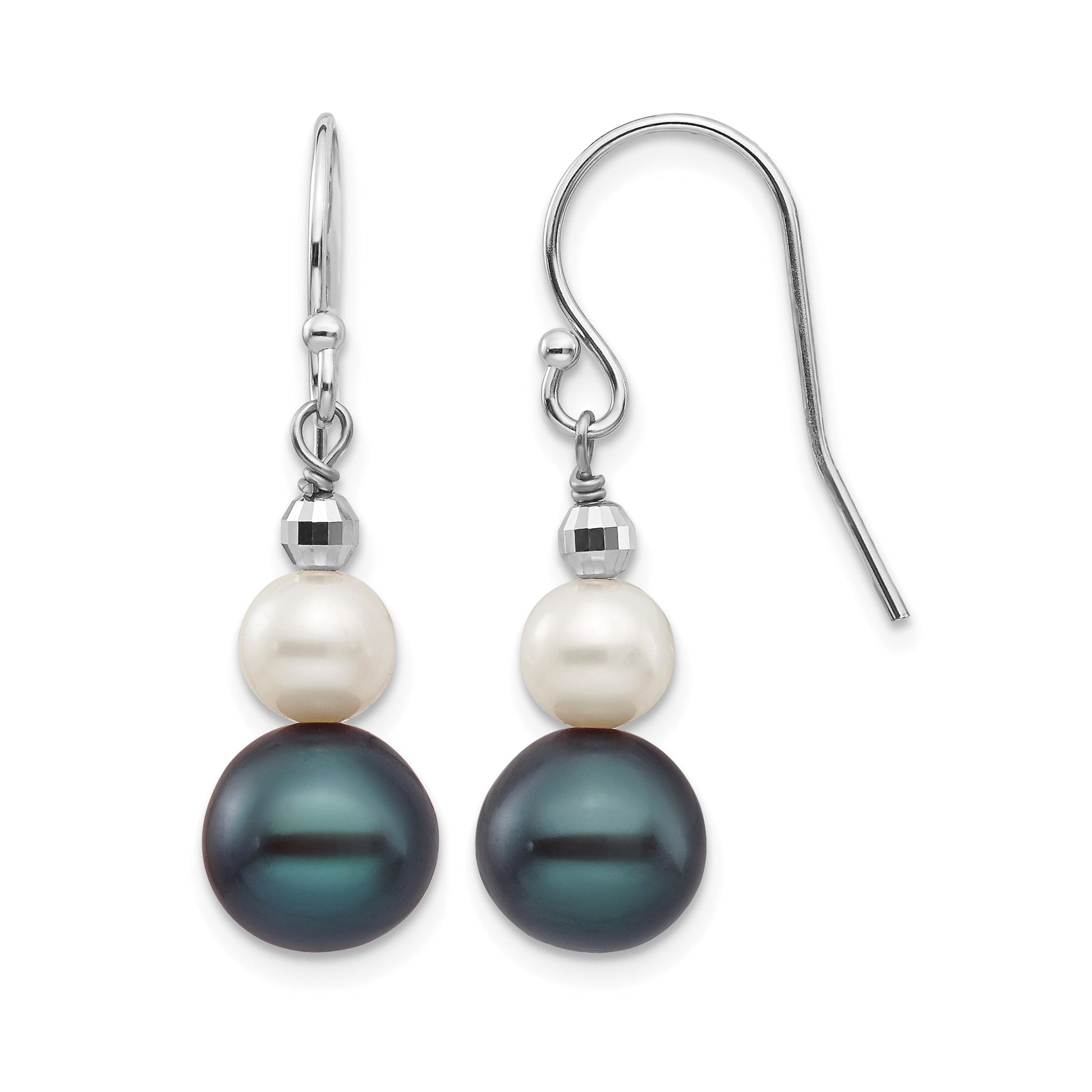14k White Gold 6-9mm Black and White Semi-round Freshwater Cultured Pearl Graduated Dangle Earrings