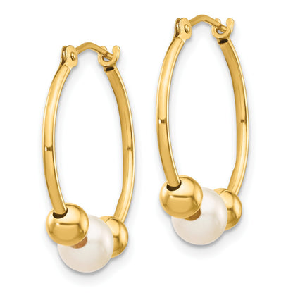 14K 5-6mm White Semi-round Freshwater Cultured Pearl and Beads Polished Hoop Earring