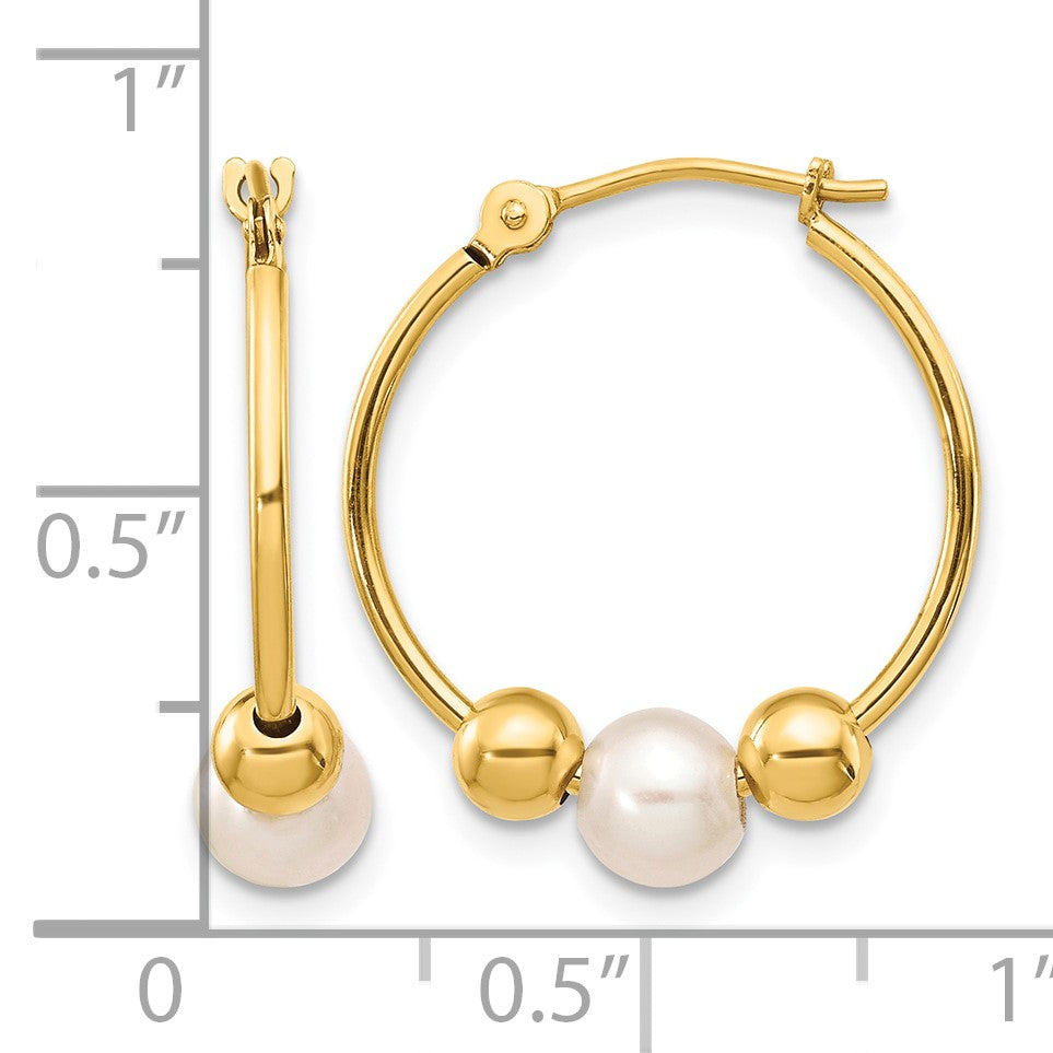 14K 5-6mm White Semi-round Freshwater Cultured Pearl and Beads Polished Hoop Earring