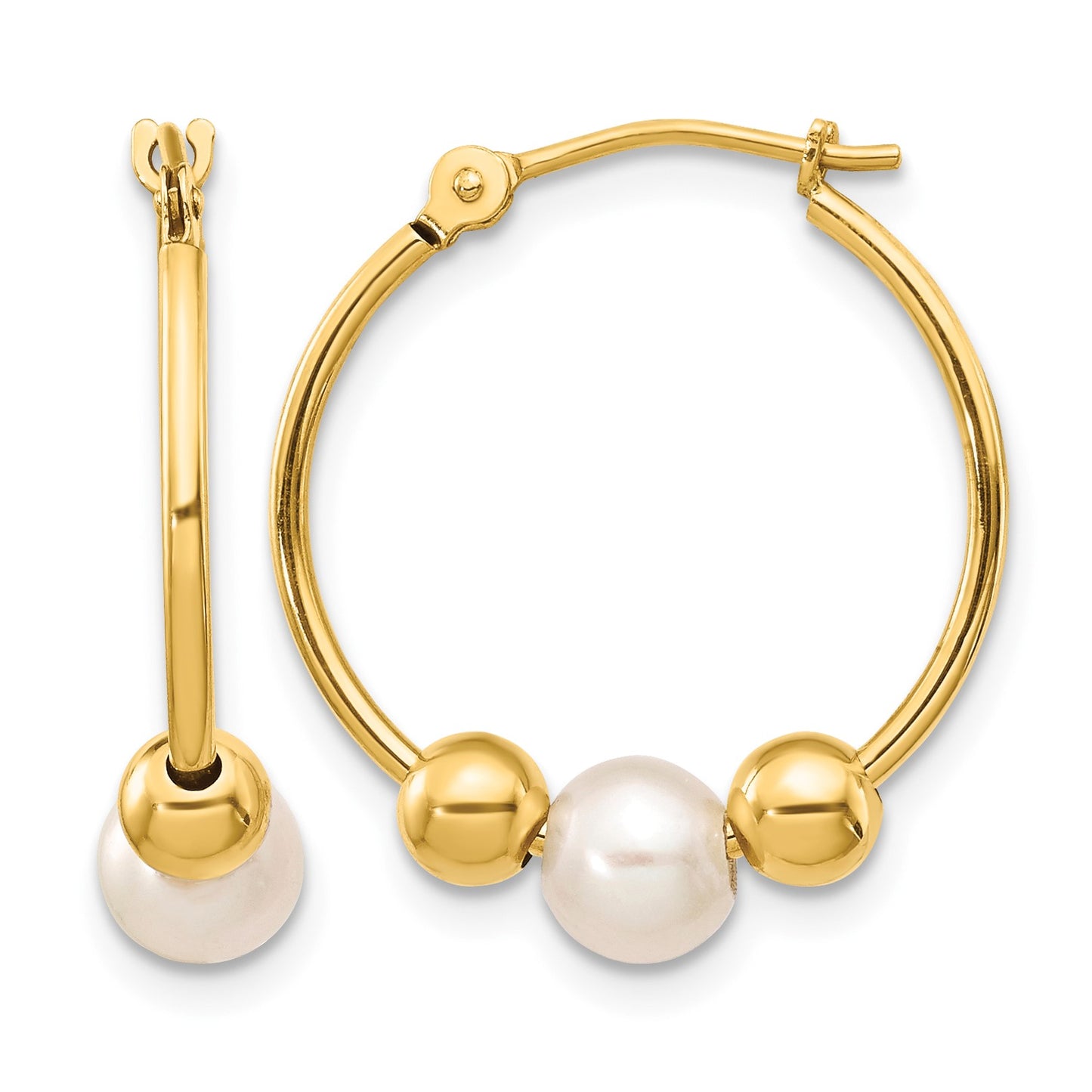 14K 5-6mm White Semi-round Freshwater Cultured Pearl and Beads Polished Hoop Earring