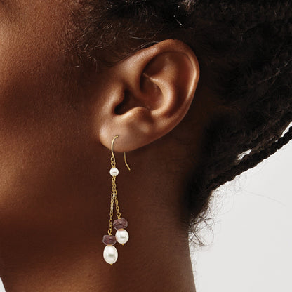 14k 6-7mm White Rice Freshwater Cultured Pearl and 4.0GA Garnet Double Chain Dangle Earrings