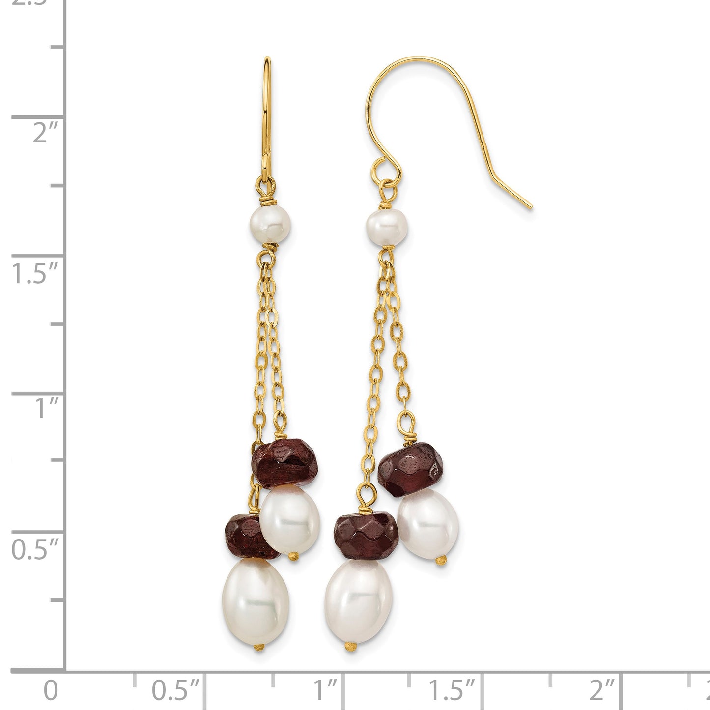 14k 6-7mm White Rice Freshwater Cultured Pearl and 4.0GA Garnet Double Chain Dangle Earrings