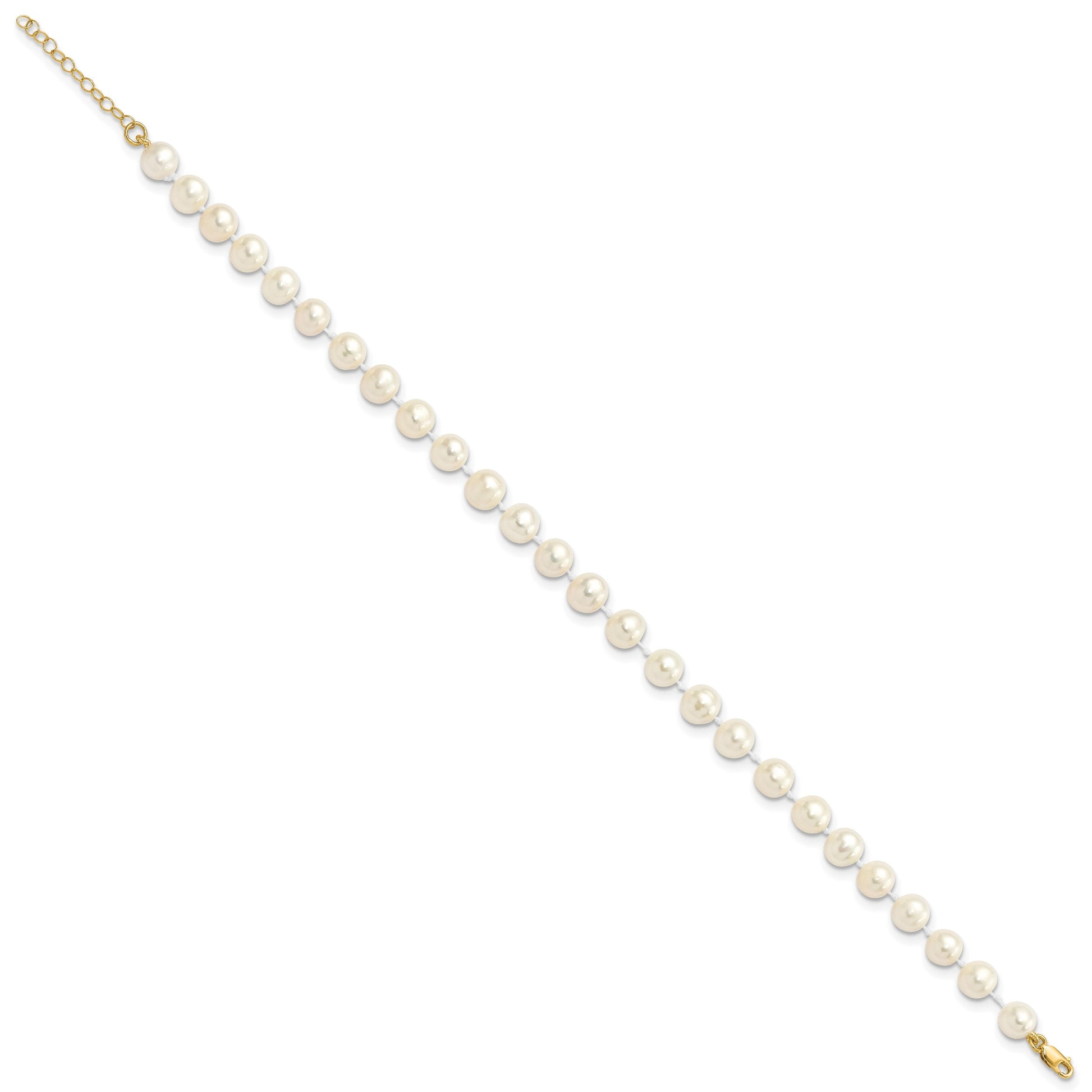 14k 6-7mm White Round Freshwater Cultured Pearl 7.25 inch with 1 Extender Bracelet/18 inch with 2 inch Extender Necklace/Button Earrings Set