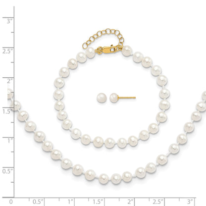 14k 4-5mm White Freshwater Cultured Pearl 14 inch Necklace with 1 inch Extender/5 inch Bracelet with 1 inch Extender/Post Earrings Set