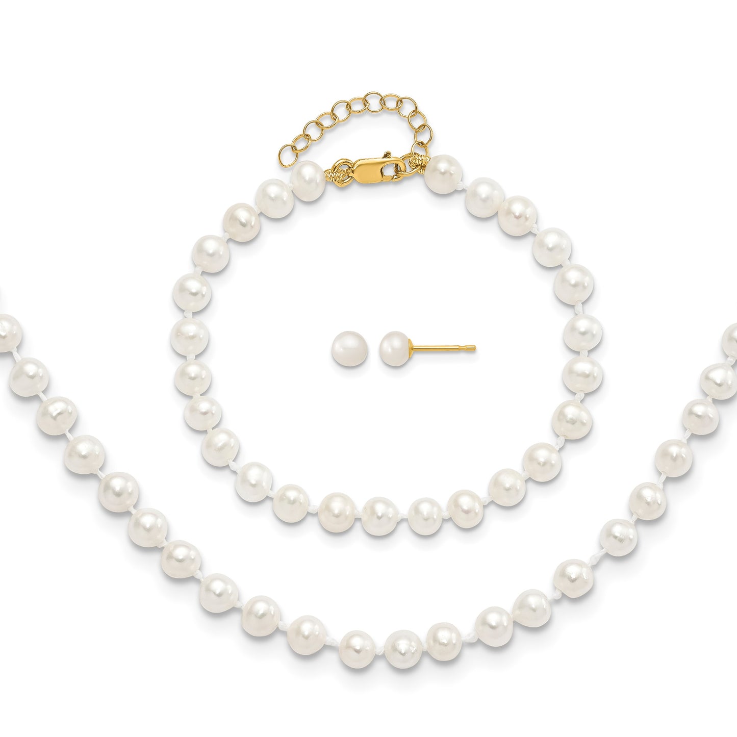 14k 4-5mm White Freshwater Cultured Pearl 14 inch Necklace with 1 inch Extender/5 inch Bracelet with 1 inch Extender/Post Earrings Set