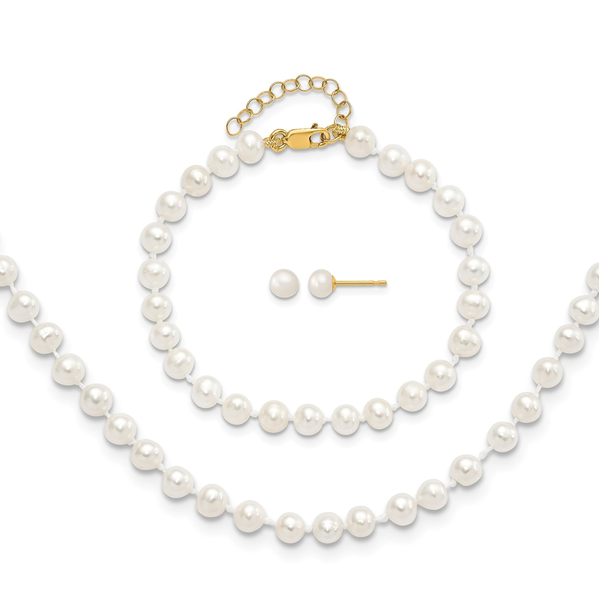 14k 4-5mm White Freshwater Cultured Pearl 14 inch Necklace with 1 inch Extender/5 inch Bracelet with 1 inch Extender/Post Earrings Set