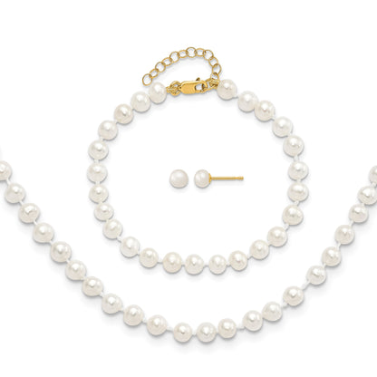 14k 4-5mm White Freshwater Cultured Pearl 14 inch Necklace with 1 inch Extender/5 inch Bracelet with 1 inch Extender/Post Earrings Set