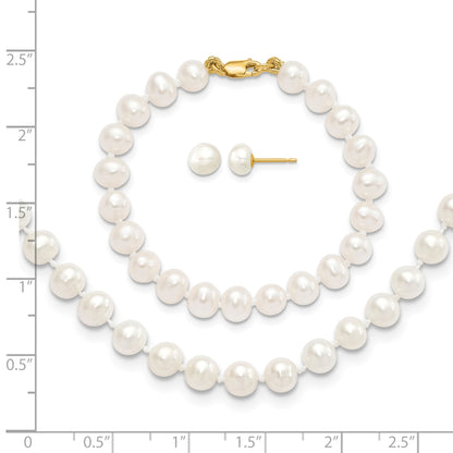 14k 5-6mm White Freshwater Cultured Pearl 14 inch Necklace / 5 inch Bracelet / Post Earrings 3-piece Set