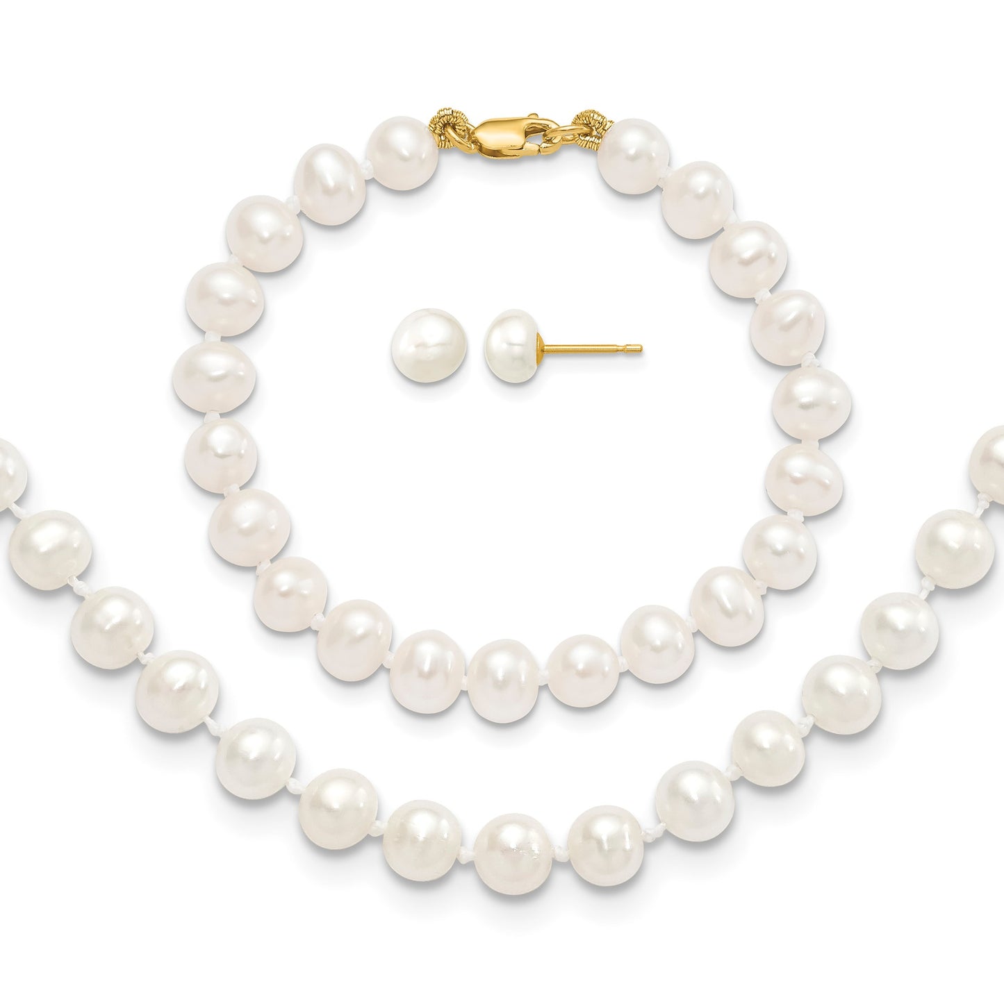 14k 5-6mm White Freshwater Cultured Pearl 14 inch Necklace / 5 inch Bracelet / Post Earrings 3-piece Set
