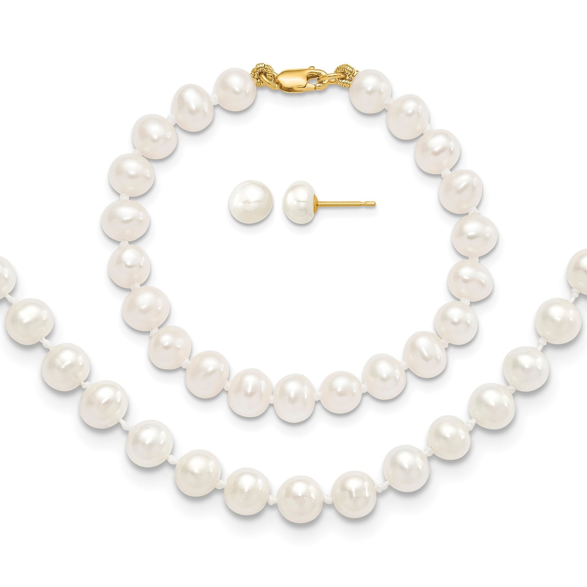 14k 5-6mm White Freshwater Cultured Pearl 14 inch Necklace / 5 inch Bracelet / Post Earrings 3-piece Set