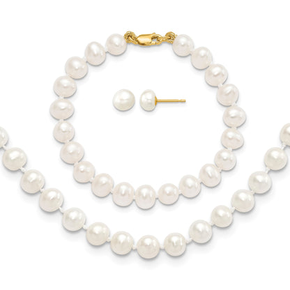 14k 5-6mm White Freshwater Cultured Pearl 14 inch Necklace / 5 inch Bracelet / Post Earrings 3-piece Set