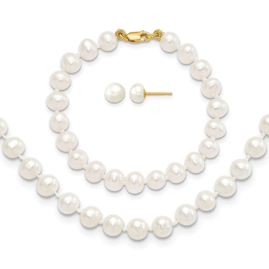14k 5-6mm White Freshwater Cultured Pearl 14 inch Necklace / 5 inch Bracelet / Post Earrings 3-piece Set