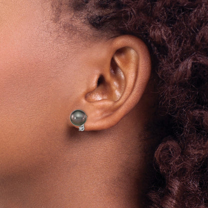 14k White Gold 9-10mm Black Round Tahitian Saltwater Cultured Pearl and .10 Carat Diamond Post Earring