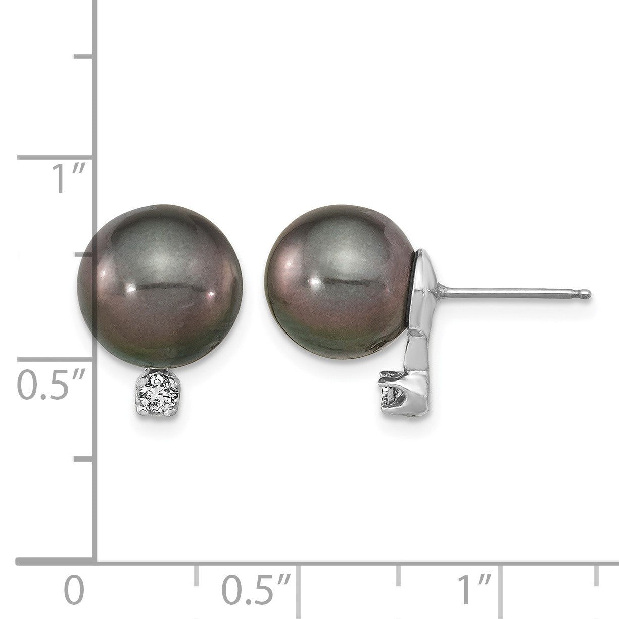 14k White Gold 9-10mm Black Round Tahitian Saltwater Cultured Pearl and .10 Carat Diamond Post Earring