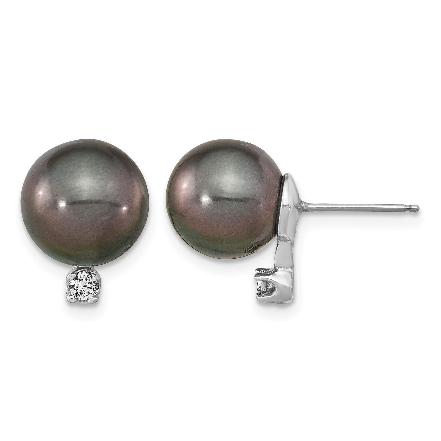 14k White Gold 9-10mm Black Round Tahitian Saltwater Cultured Pearl and .10 Carat Diamond Post Earring