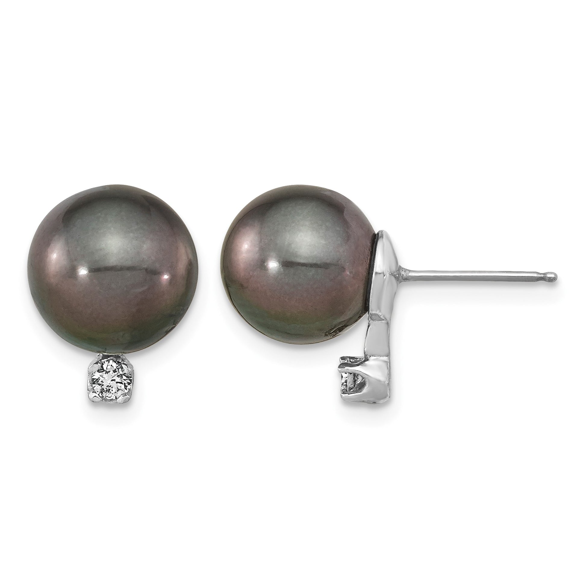 14k White Gold 9-10mm Black Round Tahitian Saltwater Cultured Pearl and .10 Carat Diamond Post Earring