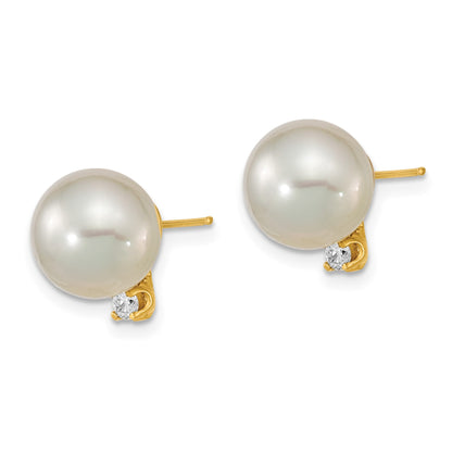 14k 9-10mm White Round South Sea Saltwater Cultured Pearl and .10 Carat Diamond Post Earrings