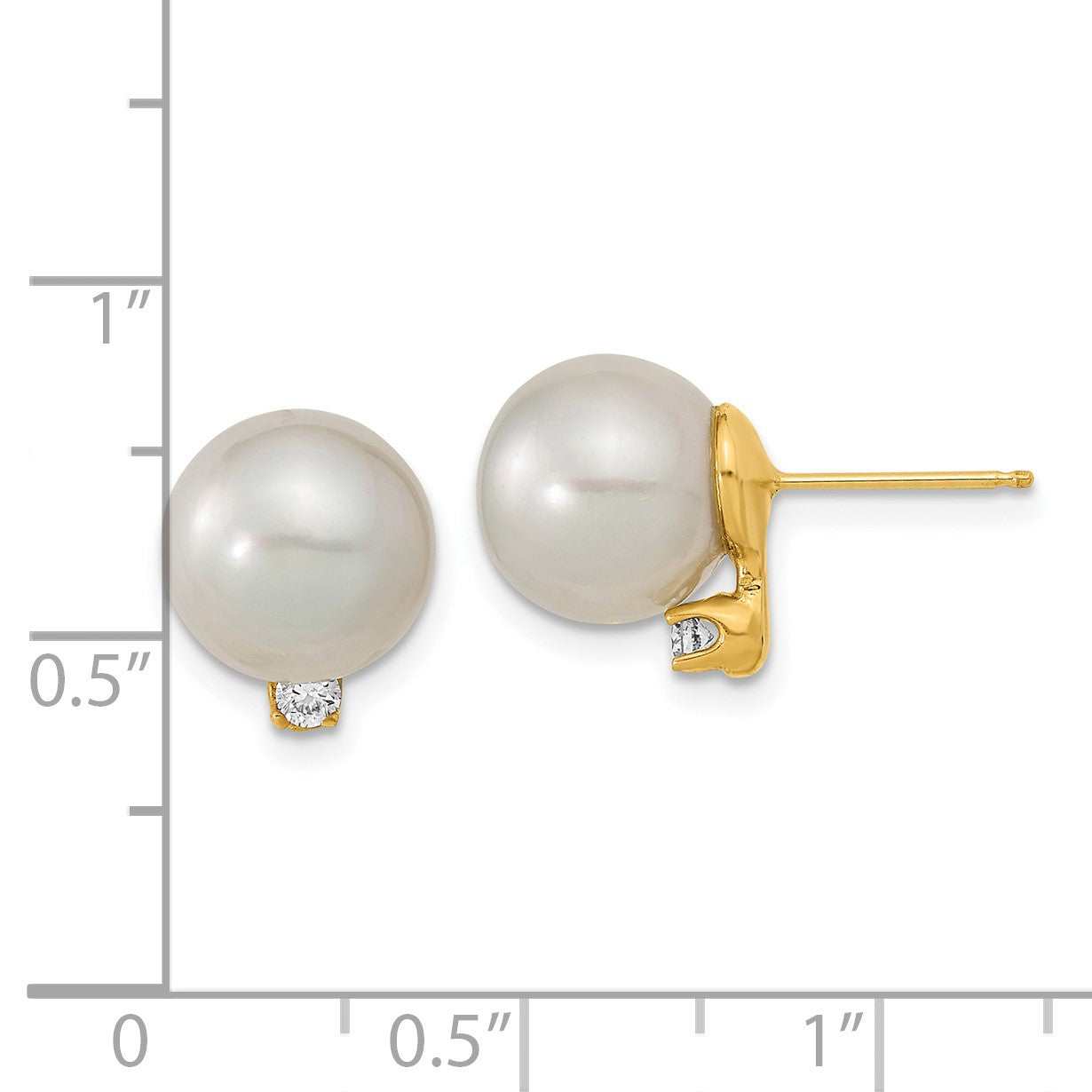 14k 9-10mm White Round South Sea Saltwater Cultured Pearl and .10 Carat Diamond Post Earrings