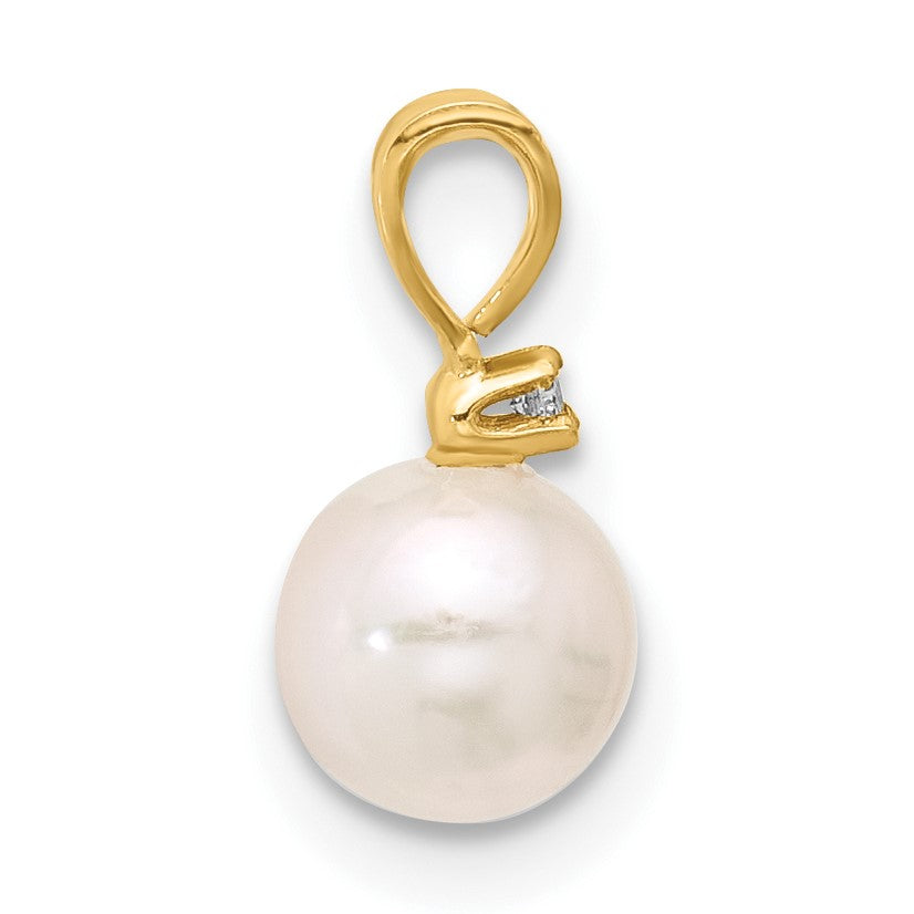 14k 5-6mm White Round Akoya Saltwater Cultured Pearl and .01 Carat Diamond Pendant