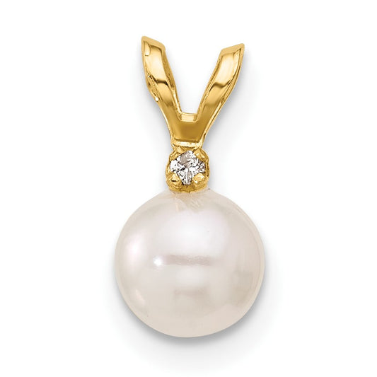 14k 5-6mm White Round Akoya Saltwater Cultured Pearl and .01 Carat Diamond Pendant
