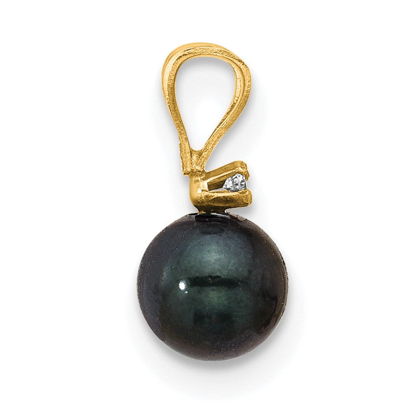 14k 5-6mm Black Round Akoya Saltwater Cultured Pearl and .01 Carat Diamond Pendant