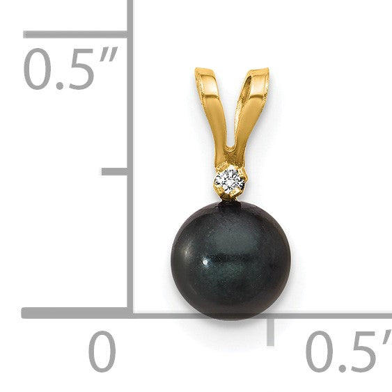 14k 5-6mm Black Round Akoya Saltwater Cultured Pearl and .01 Carat Diamond Pendant