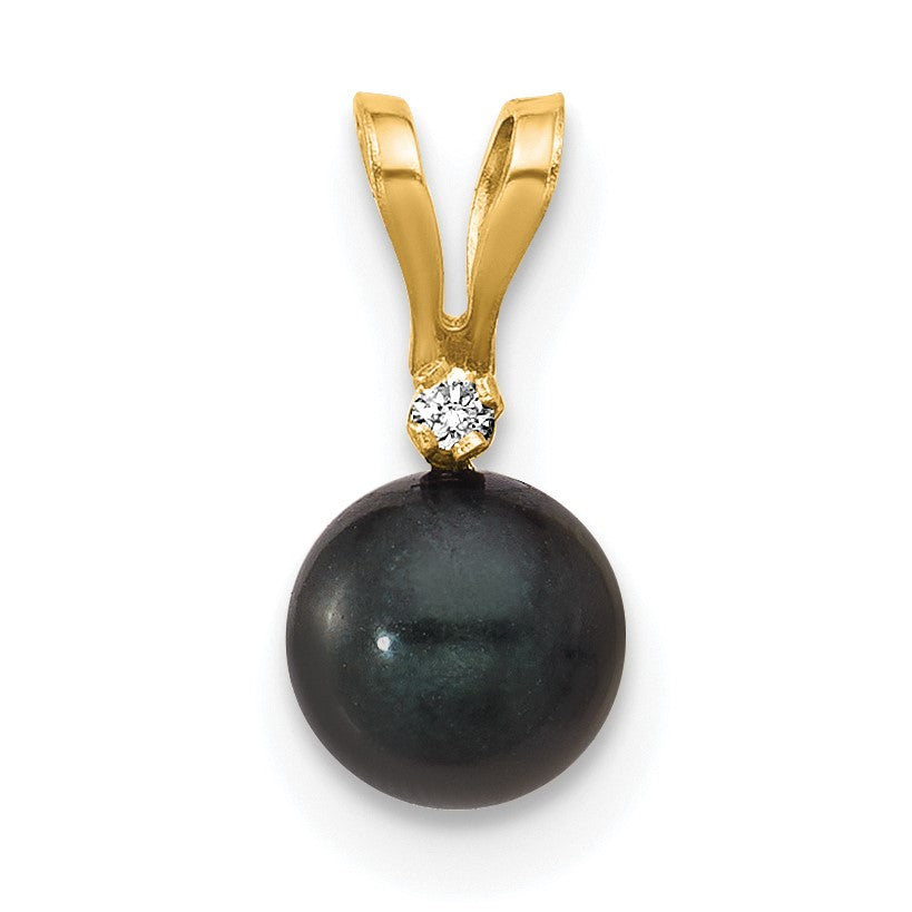 14k 5-6mm Black Round Akoya Saltwater Cultured Pearl and .01 Carat Diamond Pendant