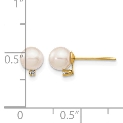 14k 5-6mm White Round Akoya Saltwater Cultured Pearl and .02 Carat Diamond Post Earrings