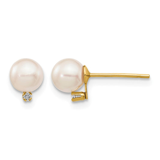 14k 5-6mm White Round Akoya Saltwater Cultured Pearl and .02 Carat Diamond Post Earrings