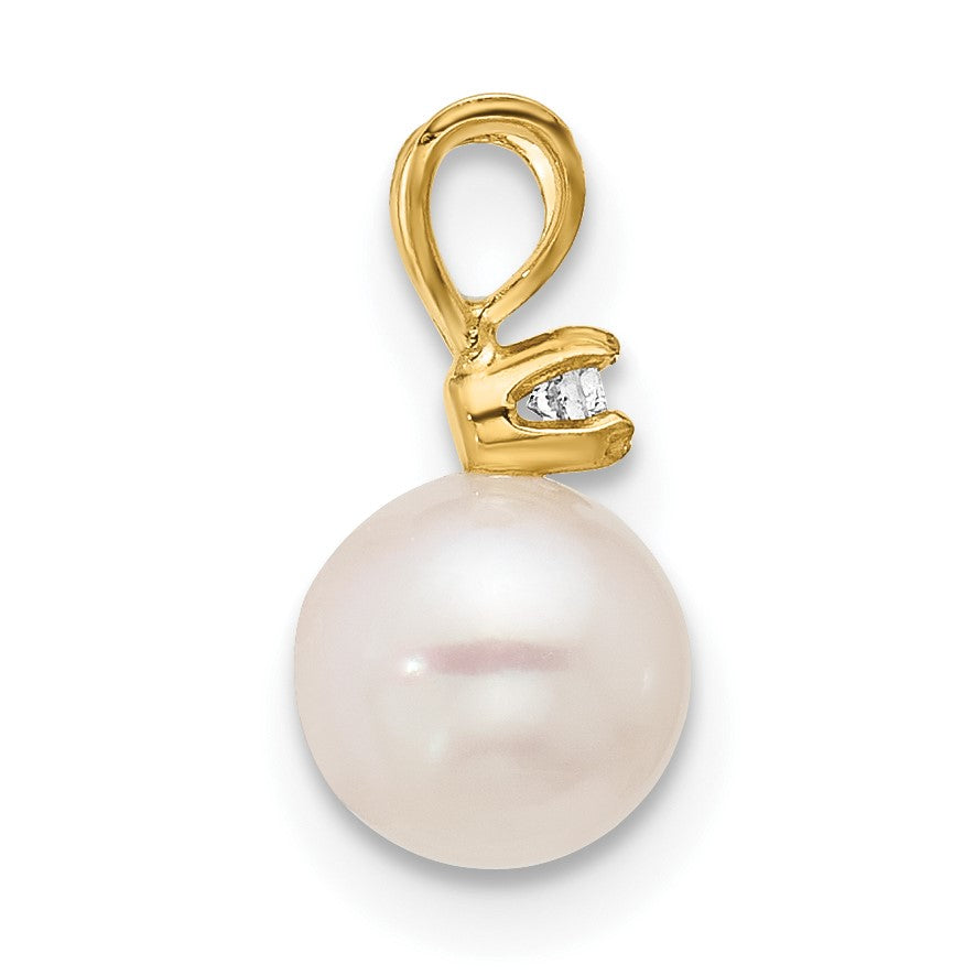 14k 6-7mm White Round Akoya Saltwater Cultured Pearl and .03 Carat Diamond Pendant