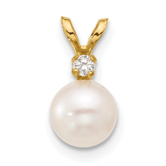 14k 6-7mm White Round Akoya Saltwater Cultured Pearl and .03 Carat Diamond Pendant