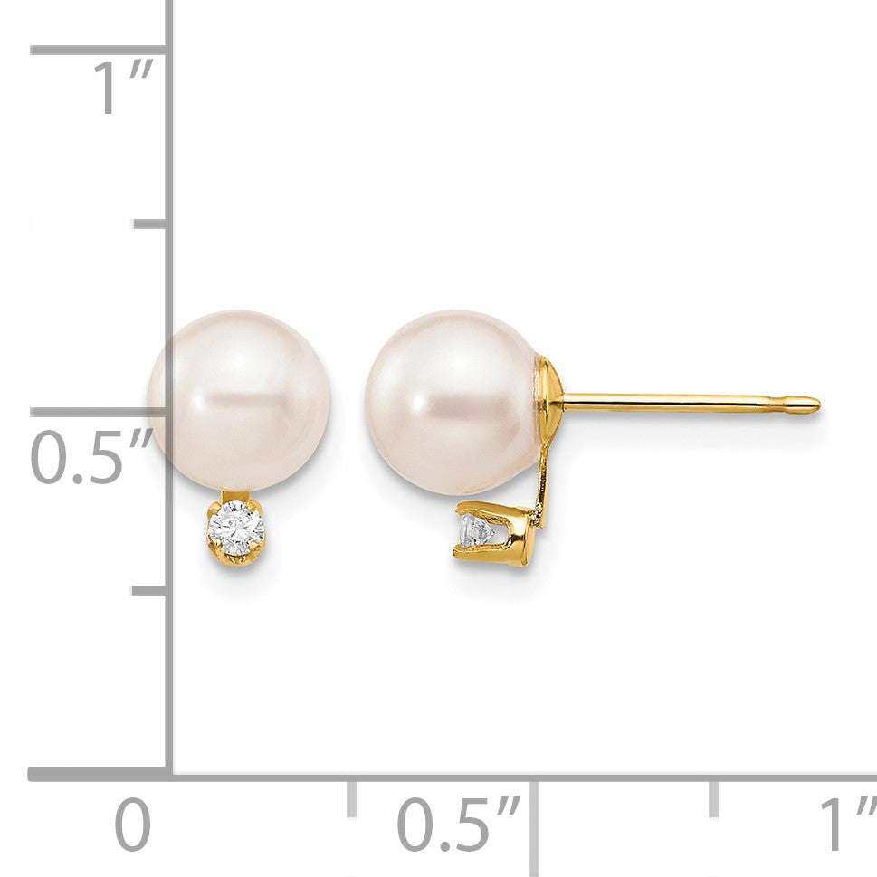 14k 6-7mm White Round Akoya Saltwater Cultured Pearl and 1/20 Carat Diamond Post Earrings