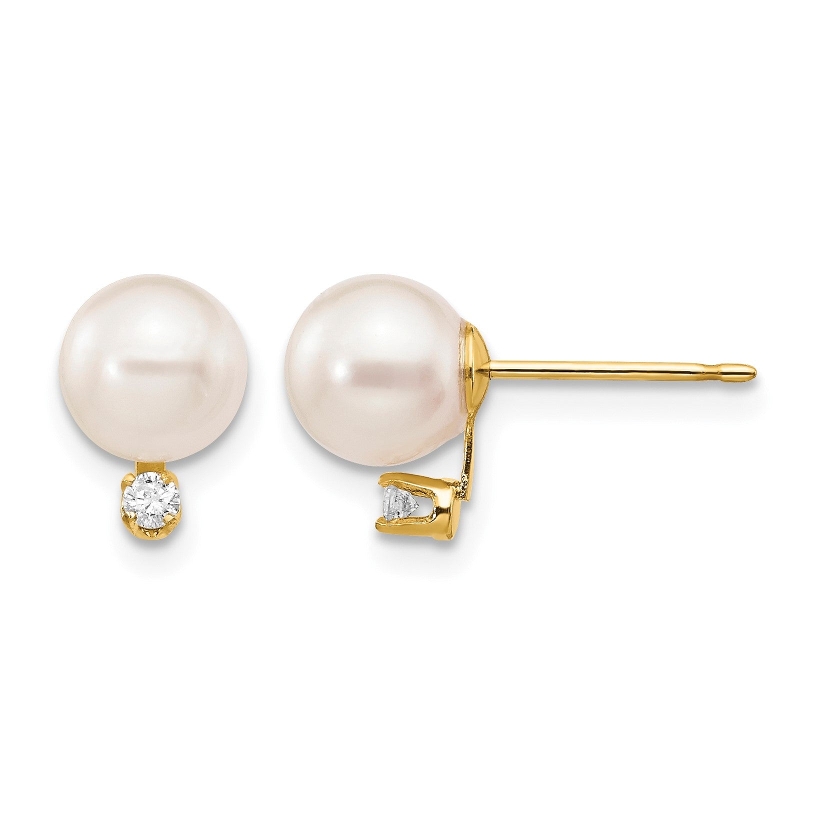 14k 6-7mm White Round Akoya Saltwater Cultured Pearl and 1/20 Carat Diamond Post Earrings